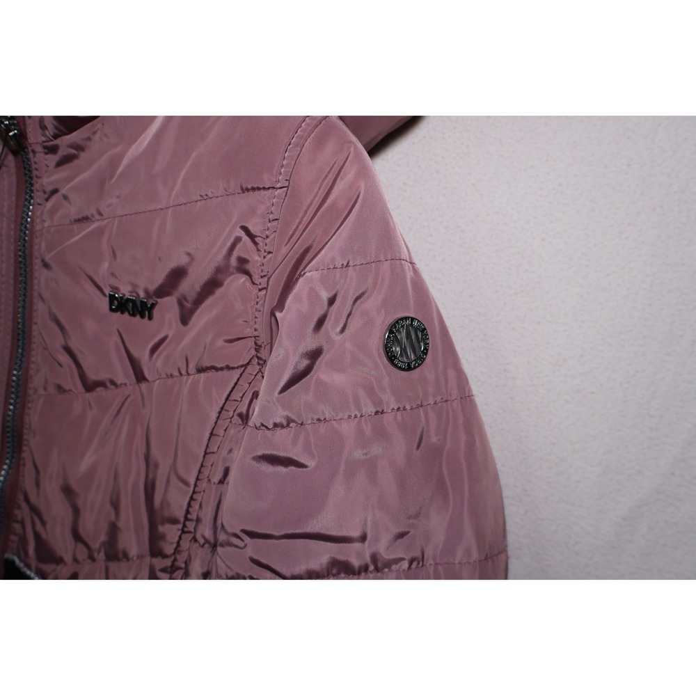 DKNY Women Mauve Pink Puffer Jacket Faux Fur Lined Hooded Logo Waist Coat - Picture 2 of 8